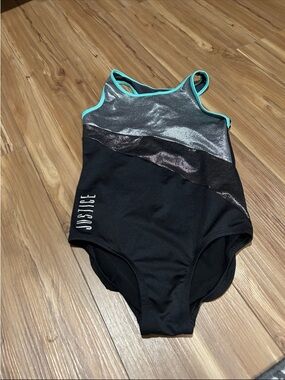 Justice Girls Black Bodysuit with Silver Panels and Aqua Trim Dance Wear
